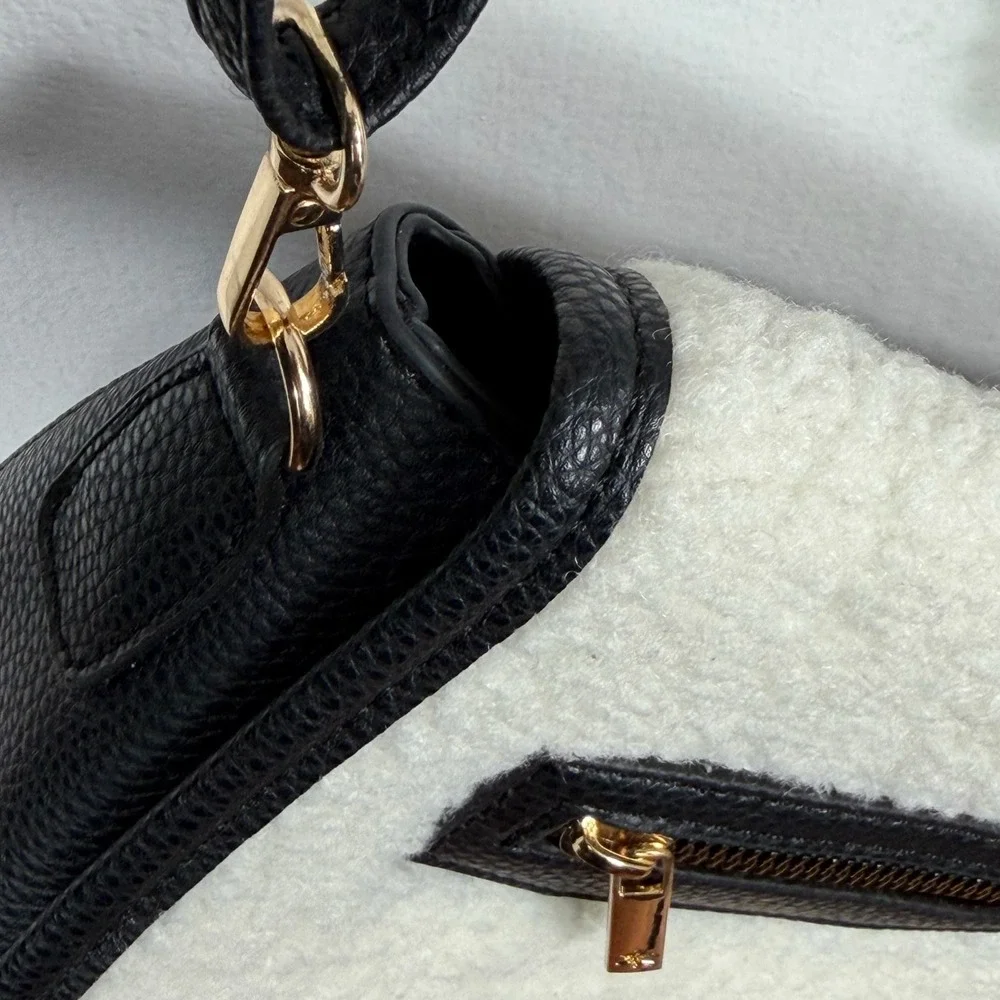 Kedzie Sherpa‎ Trim Crossbody Bag Black Faux Leather Gold Tone Zipper